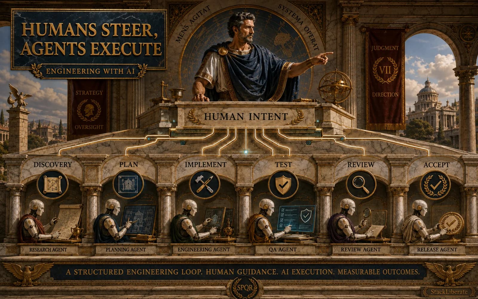 A Roman command structure showing human direction flowing into specialized agents that investigate, implement, test, and review software before returning results for acceptance.