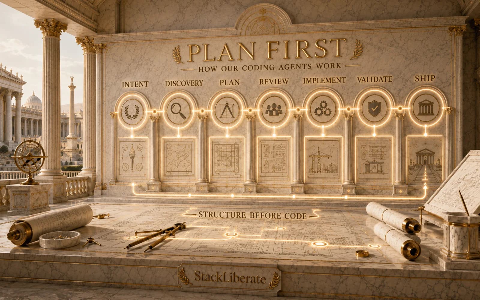Monumental Roman marble architecture representing a structured engineering plan, with ordered pillars leading toward implementation.
