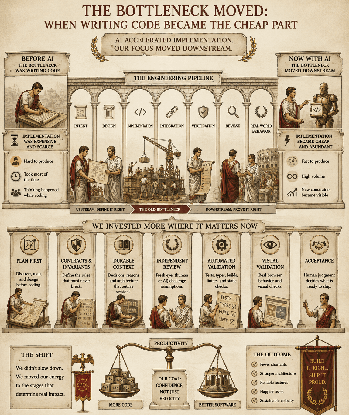 A Roman engineering diagram showing implementation becoming abundant with AI and engineering focus moving toward planning, contracts, context, review, validation, visual checks, and acceptance.