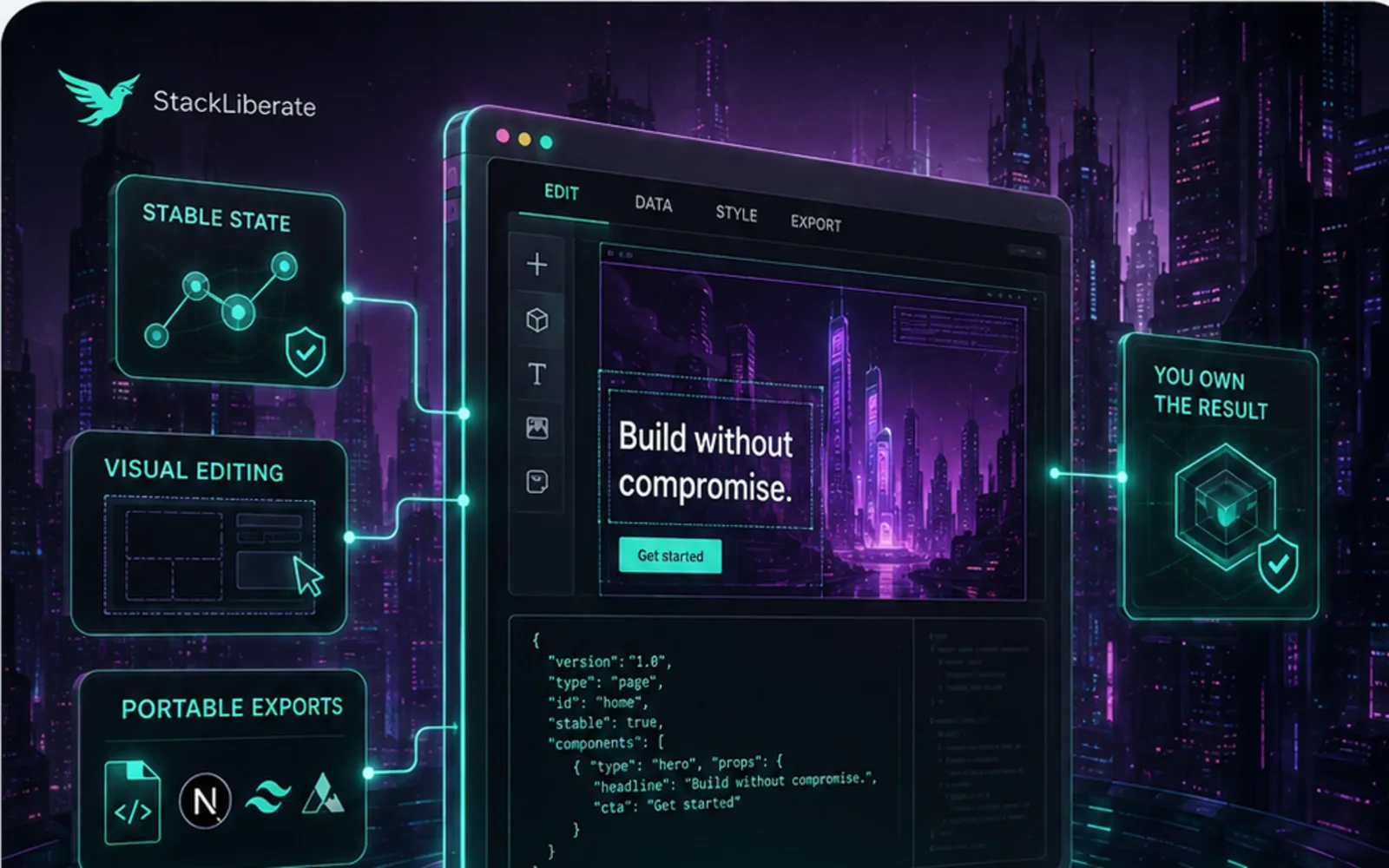A visual editing interface connected to stable project state and an independently portable website export.